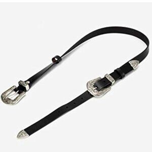 Zara Double Buckle Western Black Belt with Intricate Silver Buckles